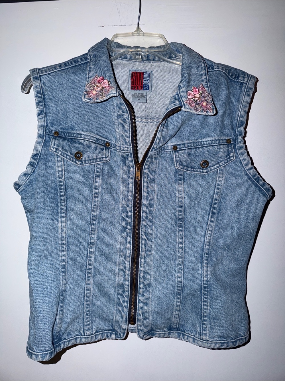 Vintage 90s Sun Belt Denim Floral Rose Embroidered Pearl Western Vest M